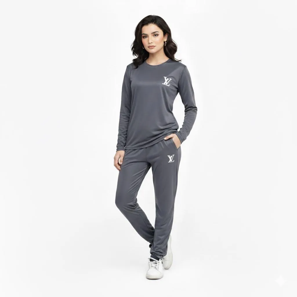 2 Pcs Women's Stitched Micro Interlock Printed Tracksuit GREY LV